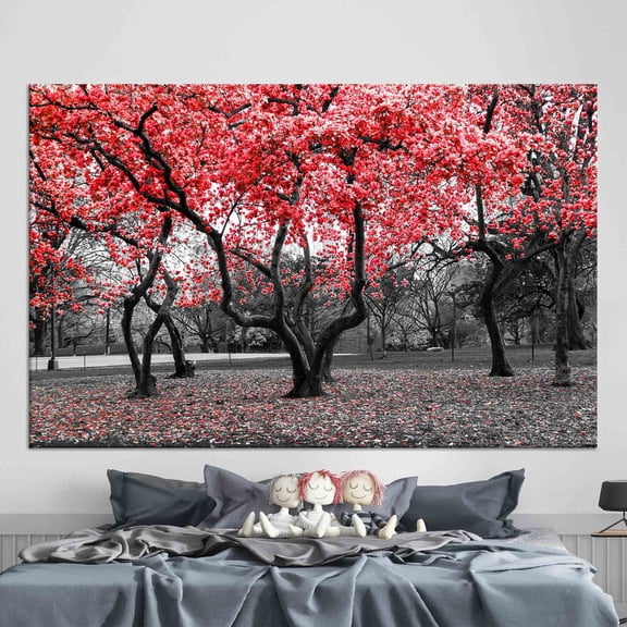 Velto Wall Decor, Red, Trees With Red Flowers, Nature Scenery Canvas, View Canvas, Landscape Art, 8x10 UNFRAMED