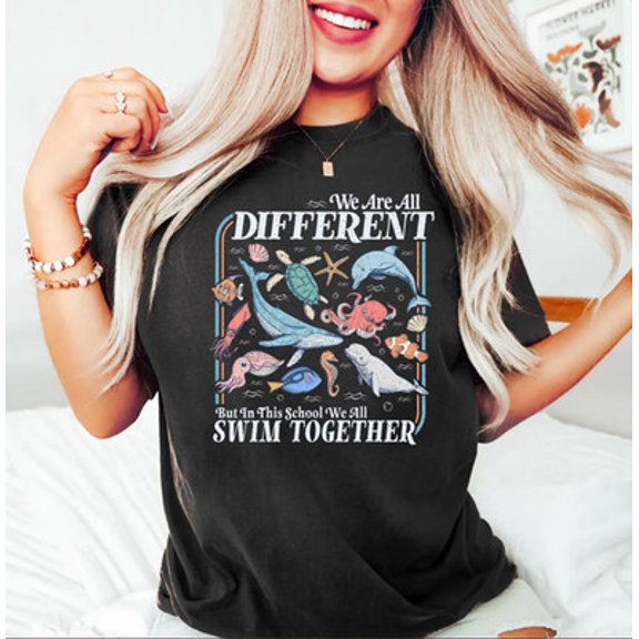 Velto We Are All Different Swim Together Shirt, Inclusive Ocean Animals Tee All Size S-5XL