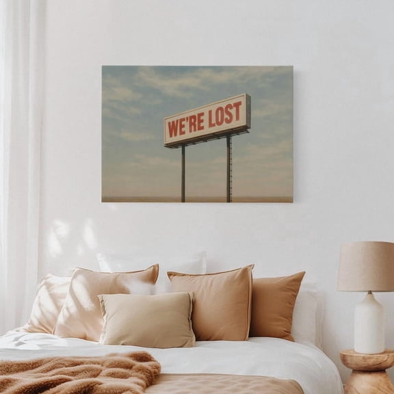 Velto We’re Lost Billboard Wall Art Retro Surreal Desert Landscape Canvas for Modern Road Trip or Gallery Style Decor, SIZE 8x12 INCLUDE Pine Wood Frame 1.25-Inch