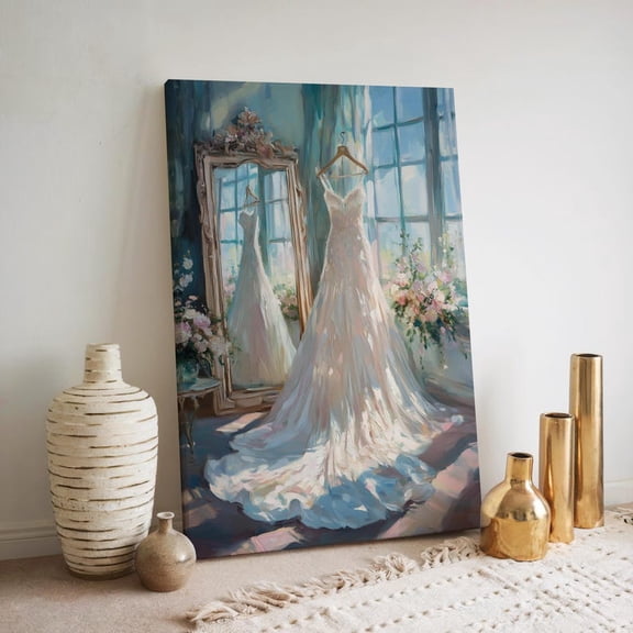 Velto Wedding Dress Canvas Wall Art Elegant Bridal Gown Illustration Feminine Preparation Inspired Bedroom Decor, SIZE 8x10 INCLUDE Pine Wood Frame 1.25-Inch