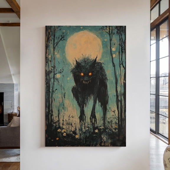 Velto Werewolf Canvas Wall Art Haunting Moonlit Forest Scene Spooky Creature Gothic Fantasy Decor, SIZE 8x10 INCLUDE Pine Wood Frame 0.75-Inch