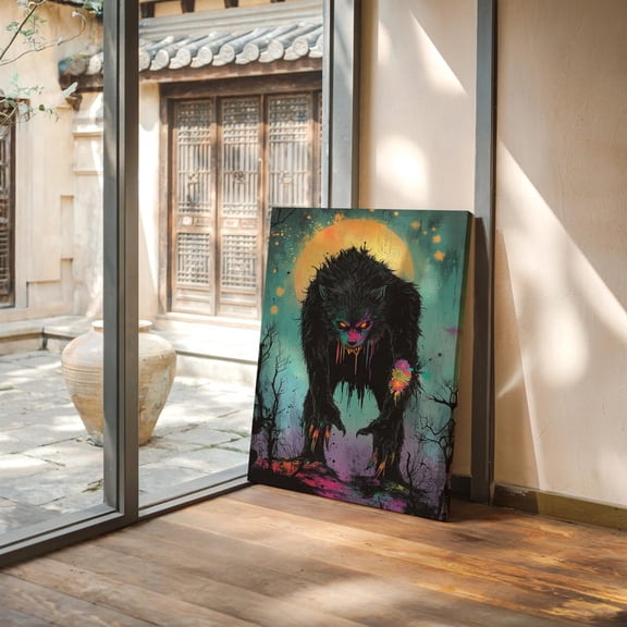 Velto Werewolf Canvas Wall Art Psychedelic Creature Gothic Horror Trippy Alternative Room Decor, SIZE 8x10 INCLUDE Pine Wood Frame 0.75-Inch