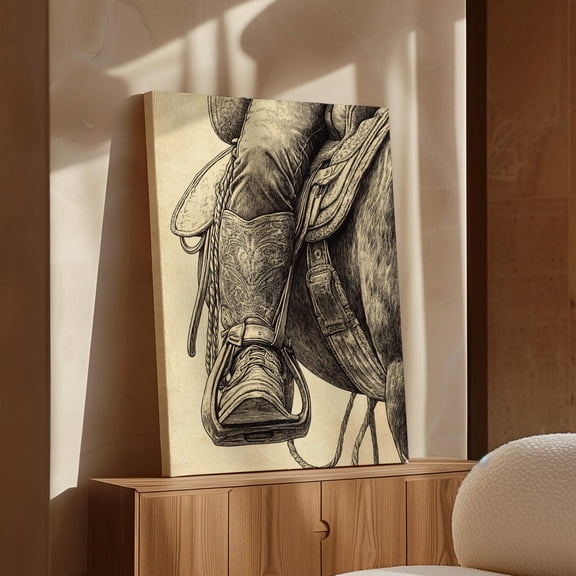 Velto Western Cowboy Boot Canvas Art - Vintage Saddle Illustration for Rustic Farmhouse, Black and White Equestrian Decor, SIZE 12x16 INCLUDE Pine Wood Frame 1.25-Inch