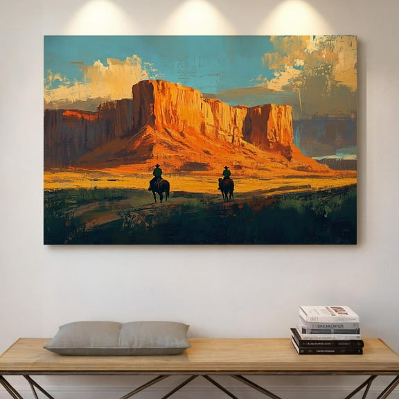 Velto Western Cowboy Sunset Canvas Desert Horseback Riding Art Southwest Ranch Wall Decor Rustic Wild West Landscape, SIZE 12x16 INCLUDE Pine Wood Frame 1.25-Inch