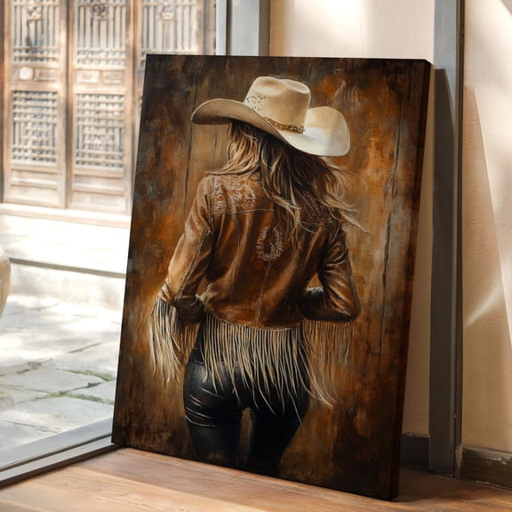 Velto Western Cowgirl Canvas Art Rustic Leather Fringe Jacket Country Farmhouse Ranch Home Inspired Wall Decor, SIZE 12x16 INCLUDE Pine Wood Frame 1.25-Inch