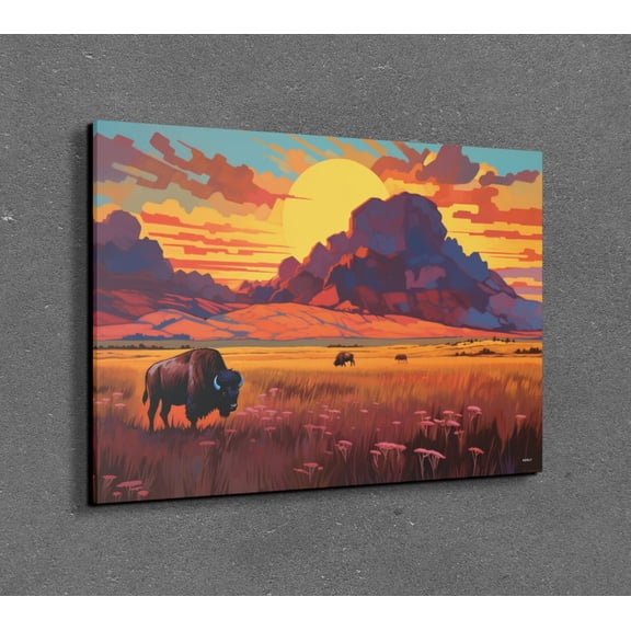 Velto Western Plains Canvas Art American Bison Illustration Retro Style Rustic Wild West Inspired Western Wall Decor, SIZE 12x18 INCLUDE Pine Wood Frame 1.25-Inch