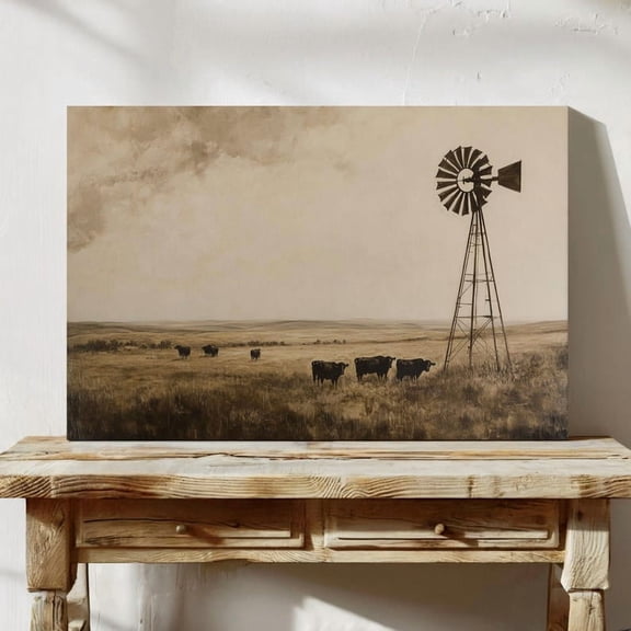Velto Western Prairie Cattle Canvas Wall Art Rustic Farmhouse Décor Canvas, SIZE 8x12 INCLUDE Pine Wood Frame 1.25-Inch