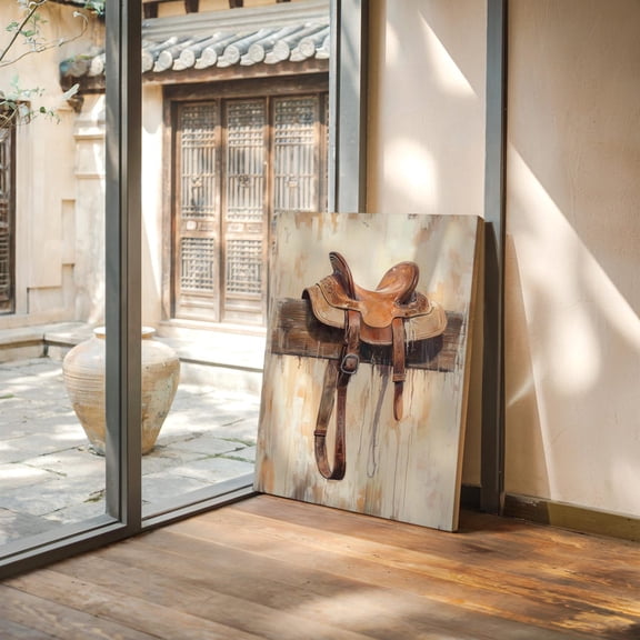 Velto Western Saddle Canvas Art Rustic Cowboy Gear Illustration Neutral Tones Ranch Farmhouse Inspired Wall Decor, SIZE 12x18 INCLUDE Pine Wood Frame 1.25-Inch