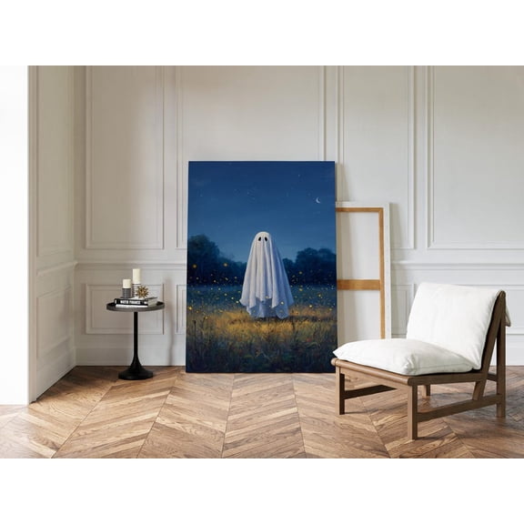 Velto Whimsical Ghost in Firefly Field Canvas Art - Spooky Cute with Moonlit Sky, Fireflies, and Nature-Inspired Charm, SIZE 8x10 INCLUDE Pine Wood Frame 1.25-Inch
