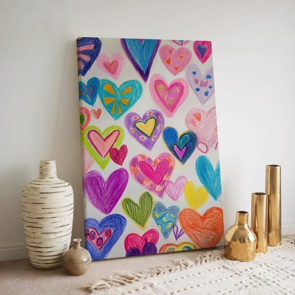 Velto Whimsical Heart Canvas Wall Art Colorful Crayon Love Illustration Playful Inspired Decorative Artwork, SIZE 16x24 INCLUDE Pine Wood Frame 1.25-Inch