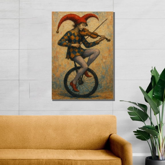 Velto Whimsy In Motion – Jester On Unicycle Playing Violin Canvas, Gift For Art Lovers, Surreal Wall Decor Canvas, 8x10 UNFRAMED