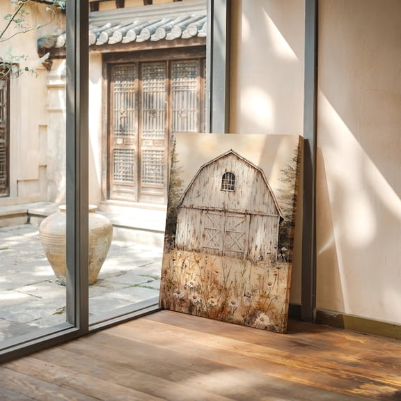 Velto White Barn and Wild Daisy Field Canvas Wall Art | Rustic Farmhouse Floral | Neutral Country Decor for Living Room, or Kitchen, SIZE 8x10 INCLUDE Pine Wood Frame 0.75-Inch