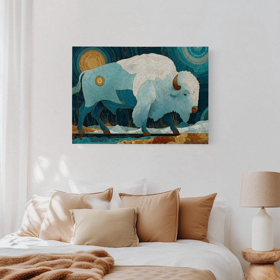 Velto White Buffalo Canvas Wall Art – Sacred Spirit Animal In Blue And Gold, Winter Landscape, Indigenous-Inspired Symbolic Canvas, 16x24 UNFRAMED