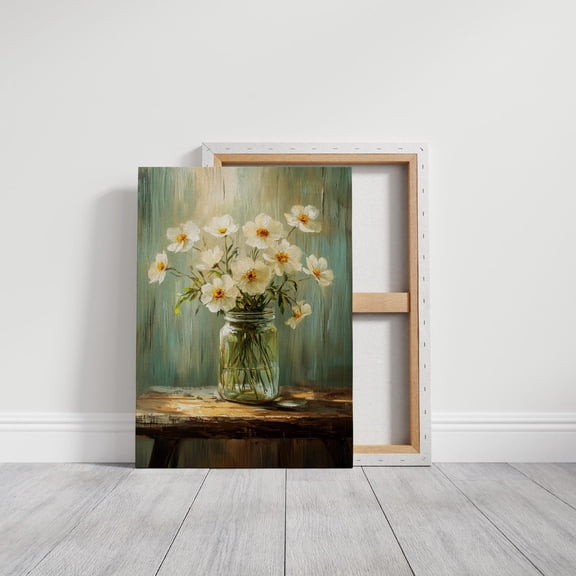 Velto White Floral Mason Jar Canvas Art Vintage Still Life Rustic Botanical Wall Decor Cottagecore Antique Inspired Artwork, SIZE 12x18 INCLUDE Pine Wood Frame 1.25-Inch