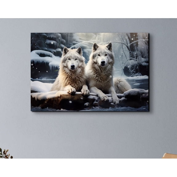 Velto White Wolf Canvas, Wildlife Snow Scene Wall Art, Rustic Nature Animal Decor, SIZE 12x18 INCLUDE Pine Wood Frame 1.25-Inch