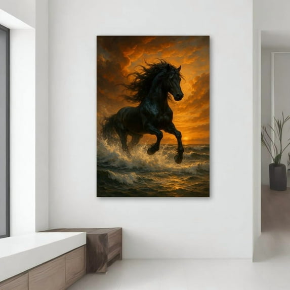 Velto Wild Black Horse Charges Through Golden Waves At Sunset - Canvas, Gift For Horse Lovers, Dramatic Wall Art Canvas, 16x24 UNFRAMED