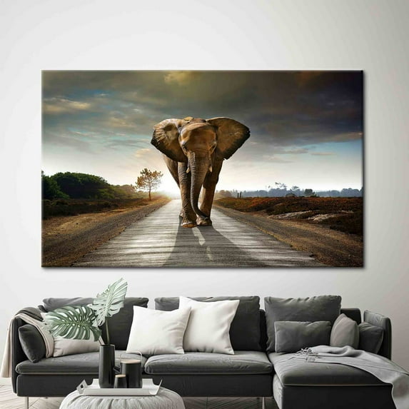 Velto Wild Canvas, Elephant Walking On The Road Artwork, Animal Canvas, Wild Animal Wall Art, Alone Elephant Canvas, Wild Nature Printed Canvas, 8x10 UNFRAMED