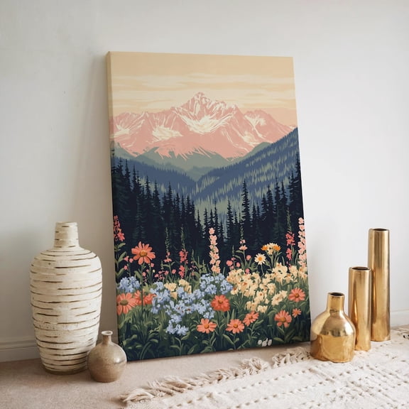 Velto Wildflower Canvas Wall Art Spring Mountain Meadow Illustration Colorful Floral Field Nature Inspired Decoration, SIZE 16x24 INCLUDE Pine Wood Frame 1.25-Inch
