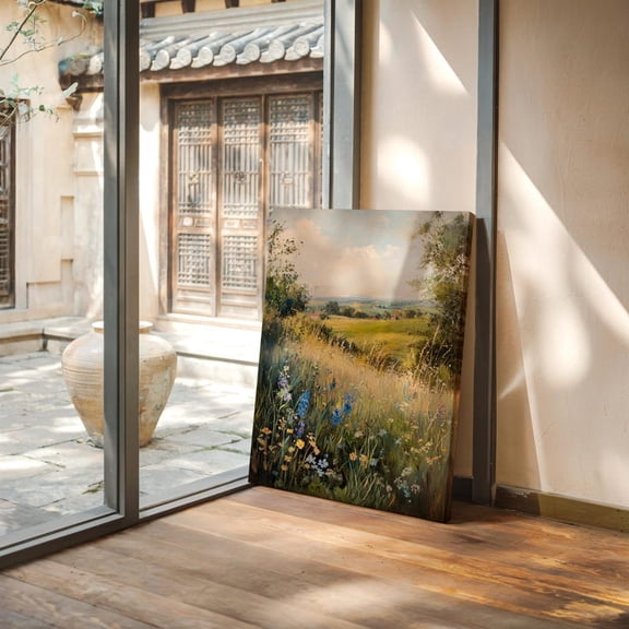 Velto Wildflower Meadow Canvas, Rustic Countryside Wall Art, Vintage Farmhouse Decor, SIZE 12x16 INCLUDE Pine Wood Frame 1.25-Inch