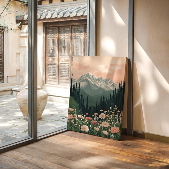 Velto Wildflower Meadow Canvas Wall Art Mountain Landscape Colorful Spring Flowers Scenic Nature Inspired Artwork, SIZE 8x12 INCLUDE Pine Wood Frame 1.25-Inch