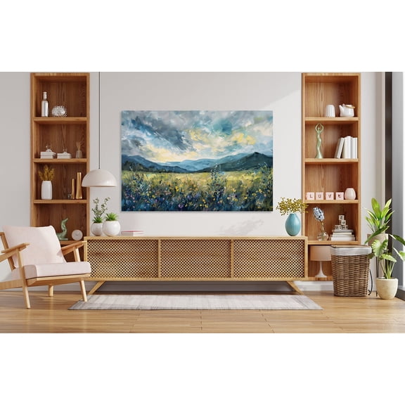 Velto Wildflowers And Mountains Stunning Cool Blue Tones, Vintage Spring Decor Canvas, 16x24 UNFRAMED