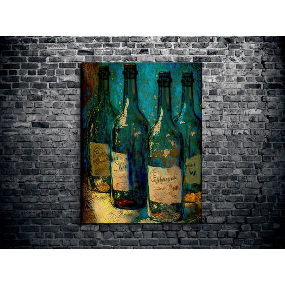 Velto Wine Bottles Canvas Art Abstract Style Rustic Dining Room Illustration Vintage Inspired Wall Decor, SIZE 8x12 INCLUDE Pine Wood Frame 1.25-Inch