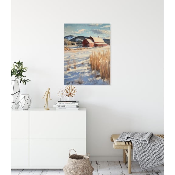 Velto Winter Barn Mountain Landscape, Country Red Farmhouse Art, Rustic Scenery, Snowy Fields Wall Decor Canvas, 8x10 0.75-Inch Pine Wood Frame