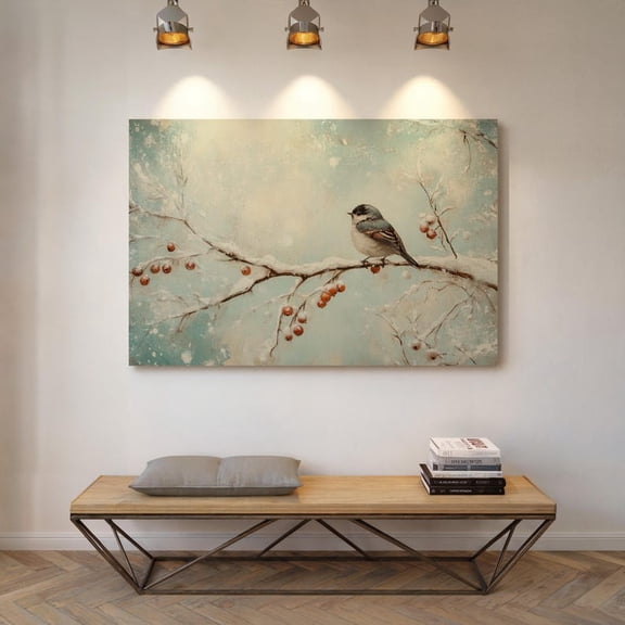 Velto Winter Bird Canvas Wall Art Snowy Branch with Red Berries Nature Inspired Seasonal Decor, SIZE 12x16 INCLUDE Pine Wood Frame 1.25-Inch