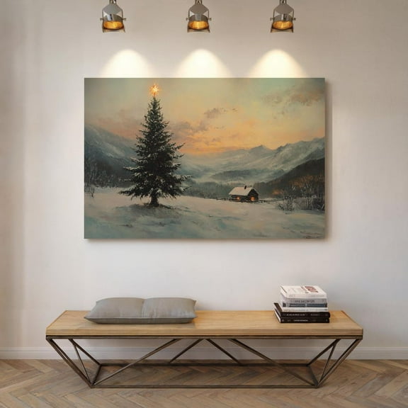 Velto Winter Cabin with holiday Star | Rustic Holiday Wall Art | Serene Snowy Mountain Scene | Peaceful holiday Tree Canvas | Cozy Winter Art, SIZE 8x10 INCLUDE Pine Wood Frame 0.75-Inch