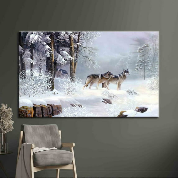 Velto Winter Canvas, Farmhouse Wall Decor, Animal White Canvas, Wolf, View Canvas Art, Winter Landscape, 12x16 0.75-Inch Pine Wood Frame