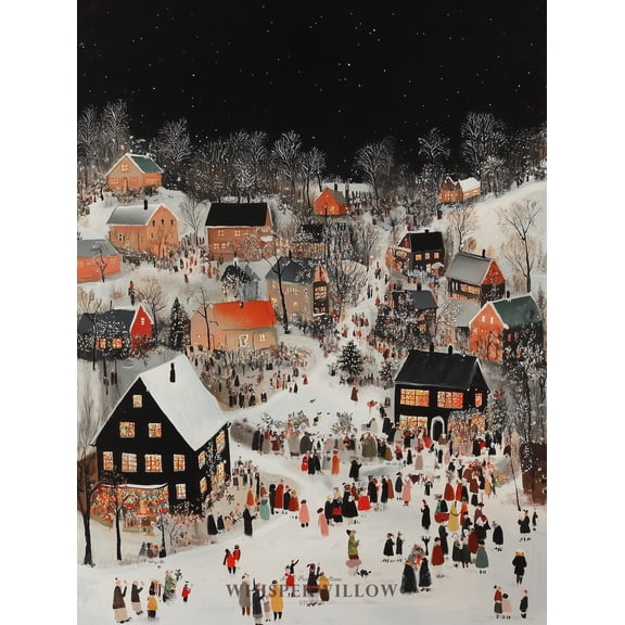 Velto Winter Holiday Village Night Scene, Starry Sky, Holiday Eve Holiday Landscape Wall Decor Canvas, 8x12 0.75-Inch Pine Wood Frame