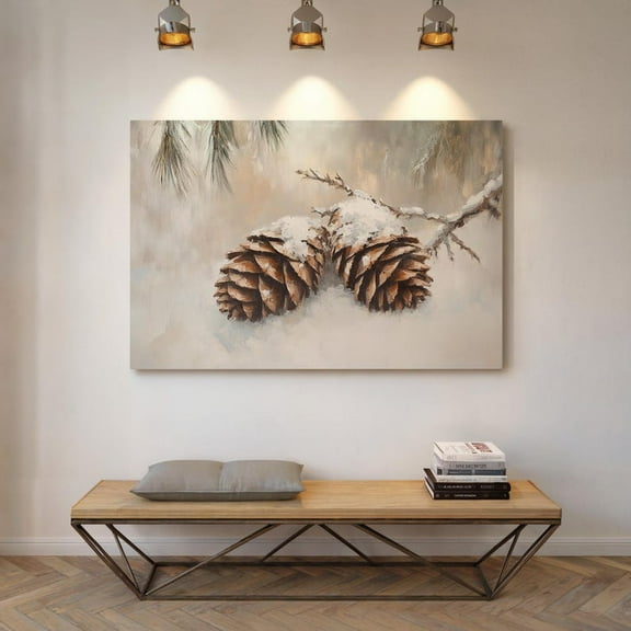 Velto Winter Pine Cone Canvas – Snow-Dusted Rustic Nature Decor for Cozy Minimalist Woodland Holiday Wall Art, SIZE 8x12 INCLUDE Pine Wood Frame 1.25-Inch