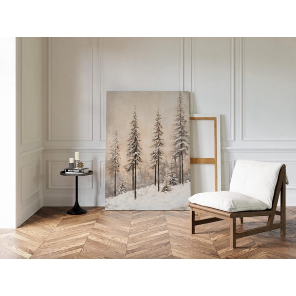 Velto Winter Pine Forest Canvas Wall Art | Neutral Snowy Trees In Soft Beige And White | Rustic Lodge & Farmhouse Winter Decor Canvas, 12x18 UNFRAMED