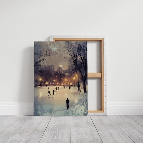 Velto Winter Skating Scene Canvas Art Rustic Cityscape Illustration Seasonal Holiday Snow Inspired Wall Decor, SIZE 8x10 INCLUDE Pine Wood Frame 1.25-Inch