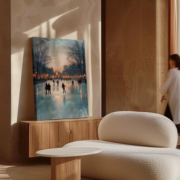 Velto Winter Skating Scene Canvas Art Rustic Cityscape Illustration Seasonal Holiday Snow Inspired Wall Decor, SIZE 8x12 INCLUDE Pine Wood Frame 1.25-Inch