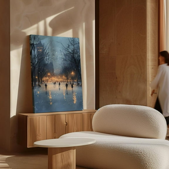 Velto Winter Skating Scene Canvas Art Rustic Snowy Cityscape Seasonal Holiday Illustration Cozy Inspired Wall Decor, SIZE 8x10 INCLUDE Pine Wood Frame 1.25-Inch