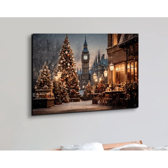 Velto Winter Village Canvas Art Seasonal Holiday Inspired Snowy London Wonderland Scene Festive Wall Decor, SIZE 16x24 INCLUDE Pine Wood Frame 1.25-Inch