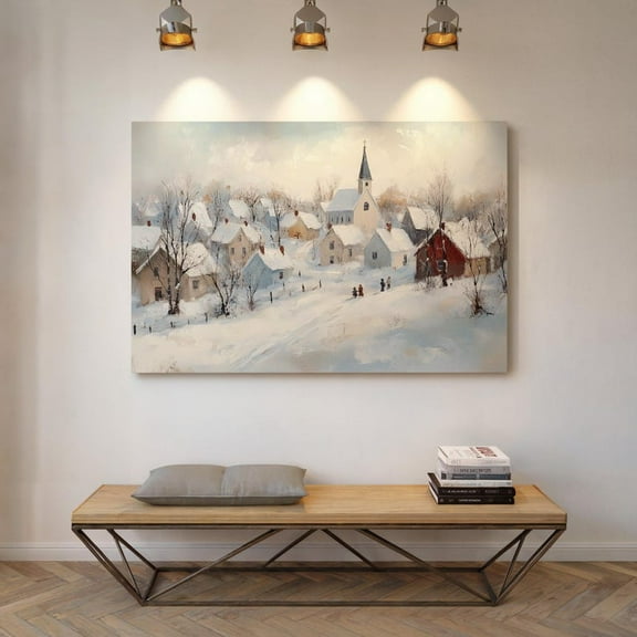 Velto Winter Village Scene Canvas, Snowy Houses and Church Wall Art, Rustic Seasonal Holiday Decor, SIZE 16x24 INCLUDE Pine Wood Frame 1.25-Inch