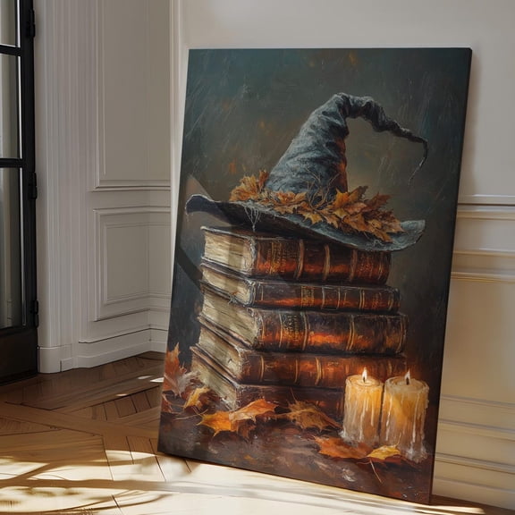 Velto Witch Hat and Spell Books Canvas Art Dark Academia Inspired Gothic Illustration Magical Vintage Inspired Wall Decor, SIZE 8x12 INCLUDE Pine Wood Frame 1.25-Inch