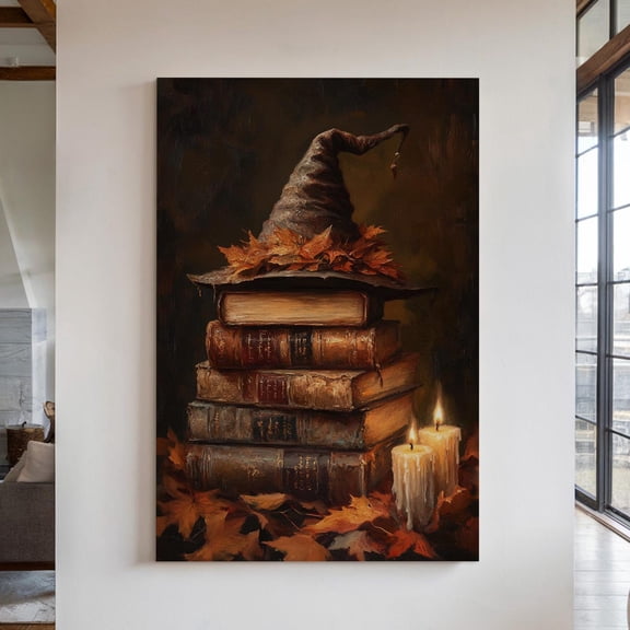 Velto Witch Hat and Spell Books Canvas Art Vintage Gothic Illustration Dark Academia Mystical Rustic Seasonal Wall Decor, SIZE 8x12 INCLUDE Pine Wood Frame 1.25-Inch