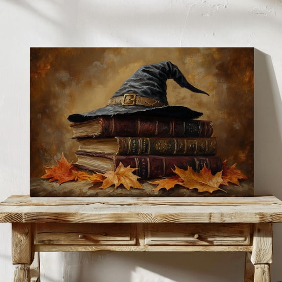 Velto Witch Hat and Spellbook Canvas Art Vintage Gothic Illustration Dark Academia Inspired Magical Wall Decor, SIZE 8x12 INCLUDE Pine Wood Frame 1.25-Inch