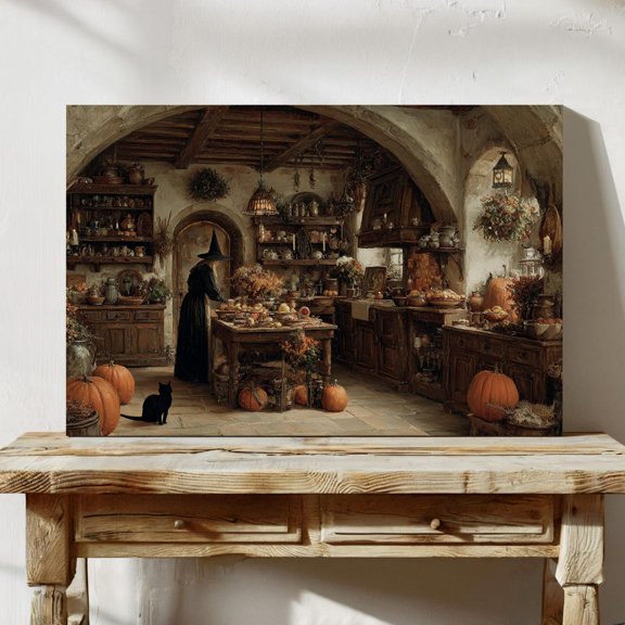 Velto Witch In Rustic Kitchen | Cozy Wall Art With Pumpkins And Black Cat Canvas, 16x24 0.75-Inch Pine Wood Frame