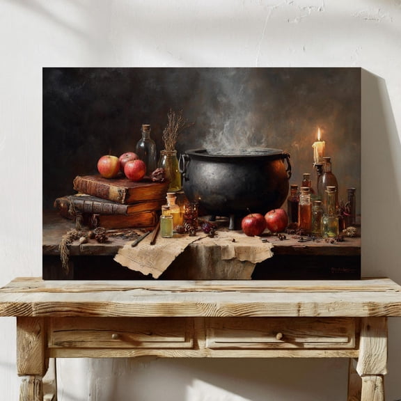 Velto Witch’S Cauldron Still Life | Potion And Spellbook Canvas, 12x16 UNFRAMED