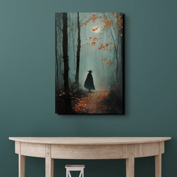Velto Witch in Spooky Forest Canvas Art Gothic Seasonal Illustration Enchanted Dark Woods Vintage Inspired Wall Decor, SIZE 16x24 INCLUDE Pine Wood Frame 1.25-Inch