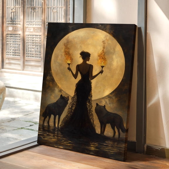 Velto Witch With Wolves Canvas Wall Art Mystical Full Moon Gothic Décor Canvas, SIZE 12x16 INCLUDE Pine Wood Frame 1.25-Inch