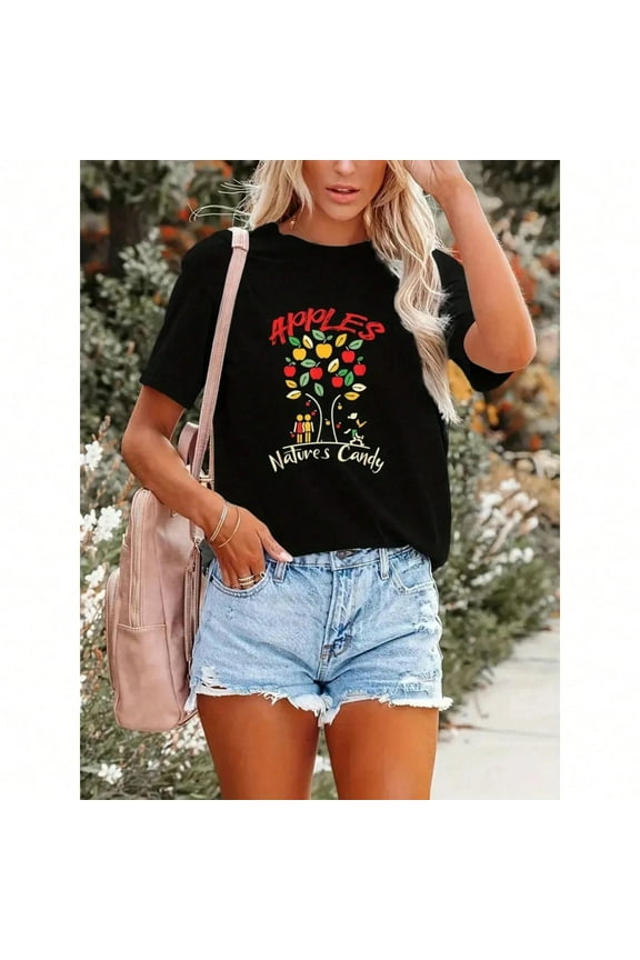 Women's Apple Print T-shirt Short Sleeved, Soft And Breathable Top All Size S-5XL