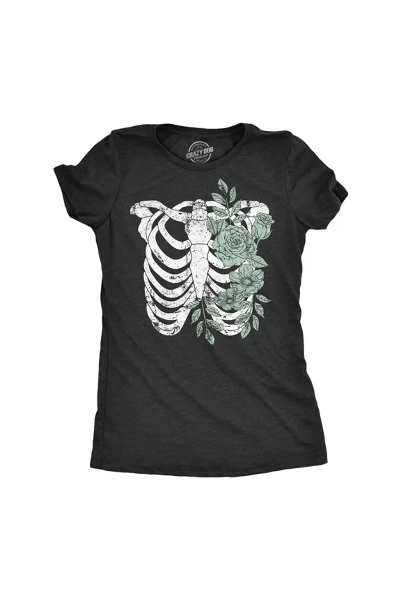 Womens Floral Ribcage T-Shirt Skeleton Flower Ribs Tee For All Size S-5XL
