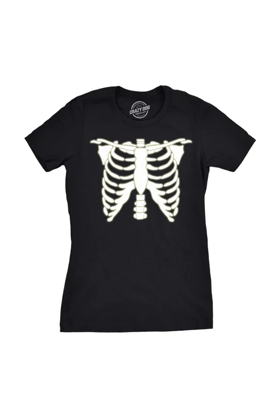 Womens Glowing Skeleton T-Shirt Rib Cage Cool Glow In The Dark Tee All Size S-5XL