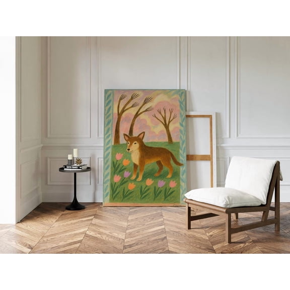 Velto Woodland Dog Canvas Art Folk Inspired Pastel Forest Scene with Tulips Whimsical Vintage Storybook Style Wall Decor, SIZE 8x10 INCLUDE Pine Wood Frame 1.25-Inch