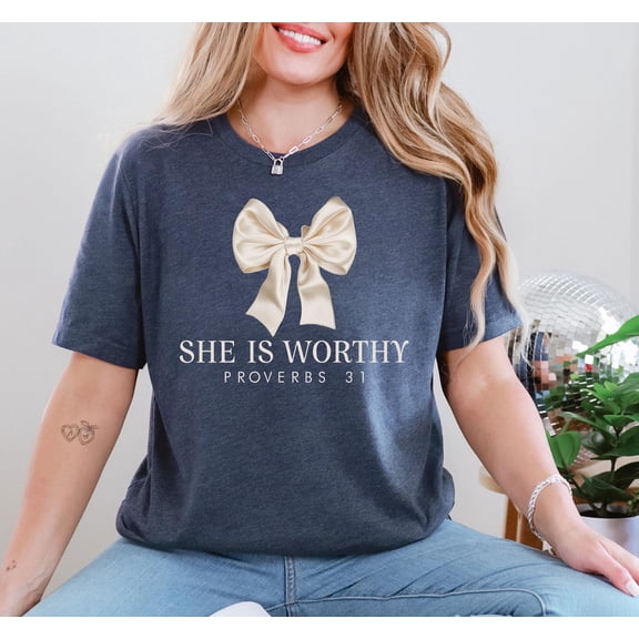 Velto She is Worthy Bow Shirt, Women's Christian Shirts, Cute Christian Coquette Tshirt, Girly Faith Shirt Ideas, Trendy Christian Shirt Ideas Tee All Size S-5XL